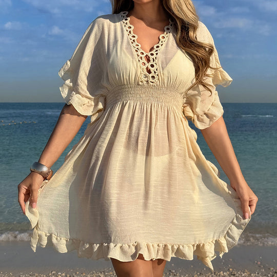 Damen luftiges Strandkleid mit Rüschendetails und vorteilhafter Schärpe EB