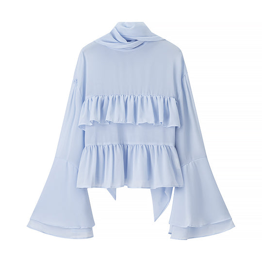 Damen Rüschenbluse mit weiten Ärmeln und elegantem Stehkragen EB