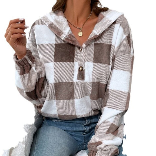 Damen Übergroßer Karierter Flanellpullover mit Kapuze EB