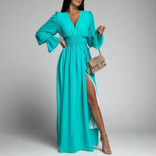 Damen Maxi-Kleid mit tiefem V-Ausschnitt und voluminösen Ärmeln EB
