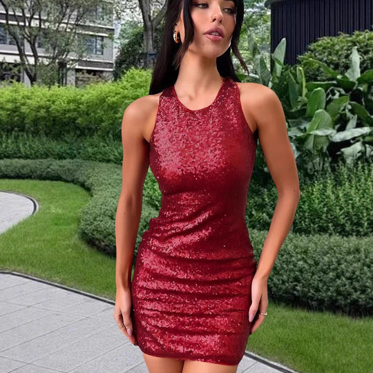Damen Glitzerndes Minikleid mit schimmerndem Obermaterial und racerback Design EB