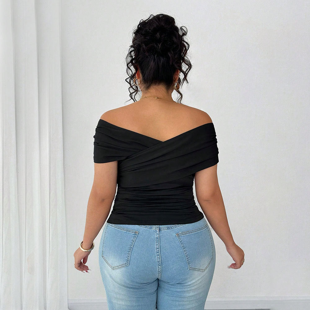 Damen elegantes Wickeloberteil mit schulterfreiem Design und Raffung EB