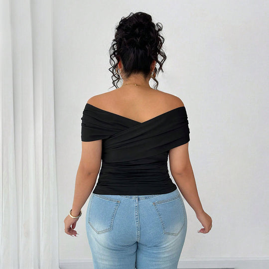 Damen elegantes Wickeloberteil mit schulterfreiem Design und Raffung EB
