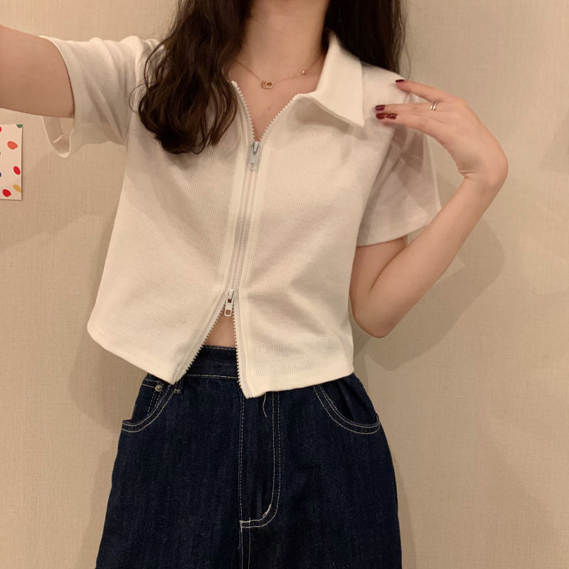 Damen Cropped Poloshirt mit Reißverschluss und strukturierter Textur EB