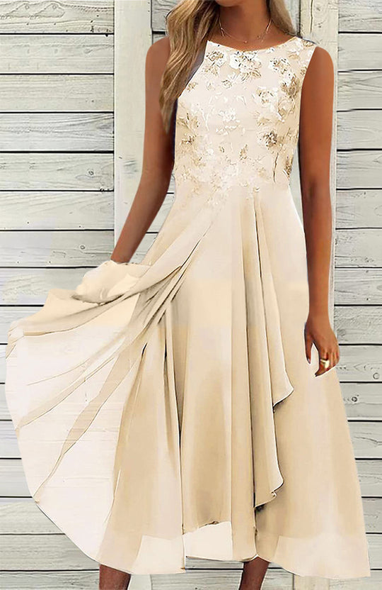 Damen nan ärmelloses Chiffon-Midikleid mit bestickter Brustpartie und asymmetrischem Lagenrock EB