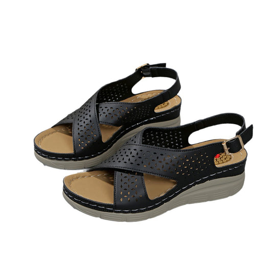 Damen Komfortable und atmungsaktive Wedge-Sandalen mit floralem Lochdesign EB