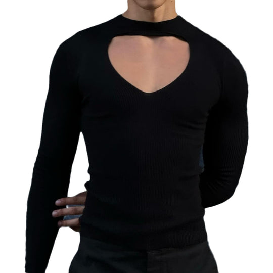 Damen nan figurbetontes Langarm-Top mit Cut-Out und Stehkragen EB