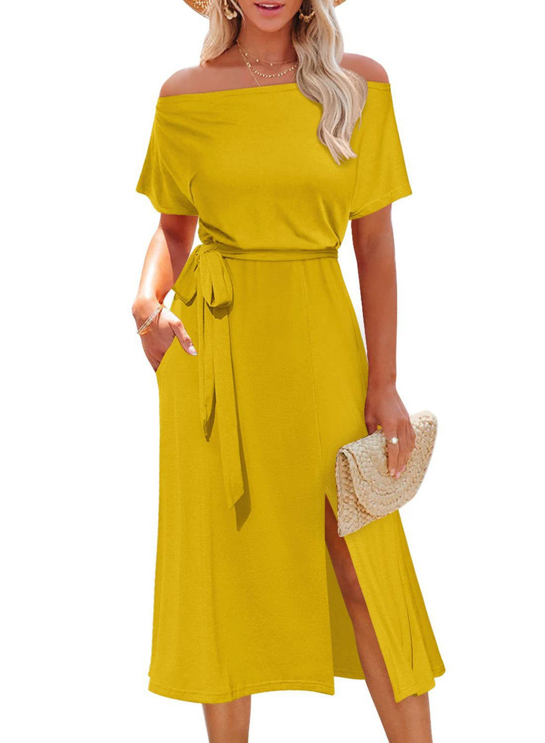 Damen Off-Shoulder Maxikleid mit Taillengürtel und seitlichem Schlitz EB