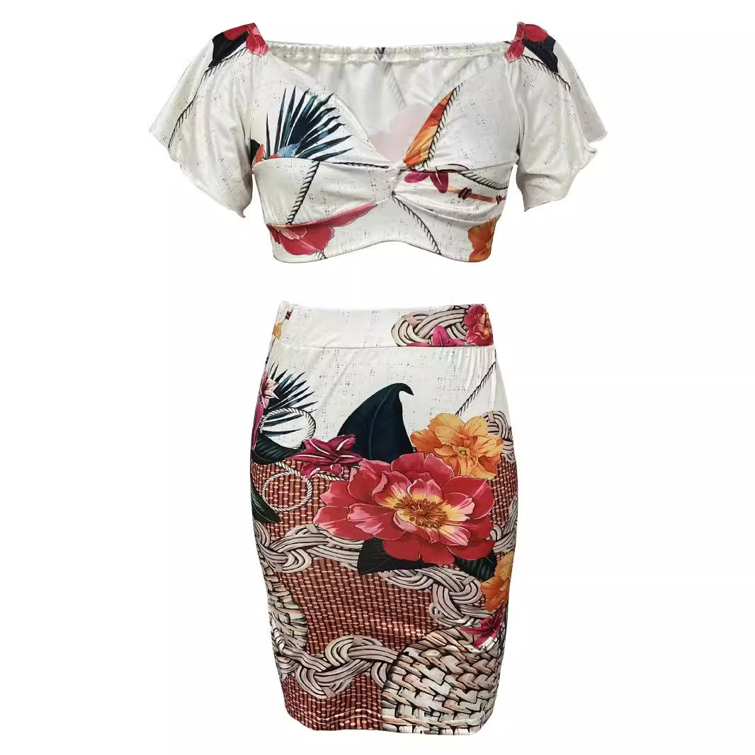 Damen Zweiteiliges Sommer-Outfit mit floralem Design und Raffung EB