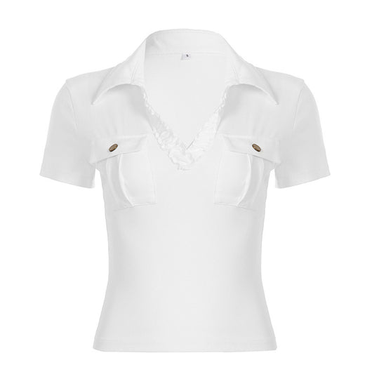 Damen lässiges Polohemd mit dekorativem Kragen und Taschen EB