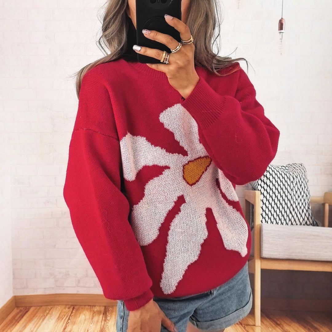 Damen Pullover mit auffälligem Blütenmotiv und lockerer Passform EB
