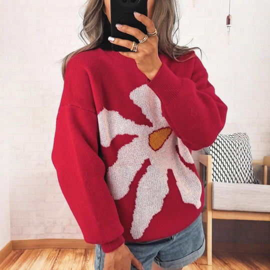 Damen Pullover mit auffälligem Blütenmotiv und lockerer Passform EB