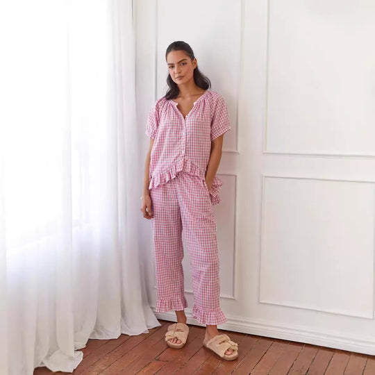 Damen Pyjama-Set mit Rüschen und Karomuster EB