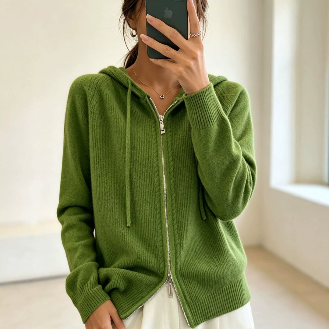 Damen Kapuzen-Cardigan mit Reißverschluss, feinem Feinstrick und gerippten Bündchen EB