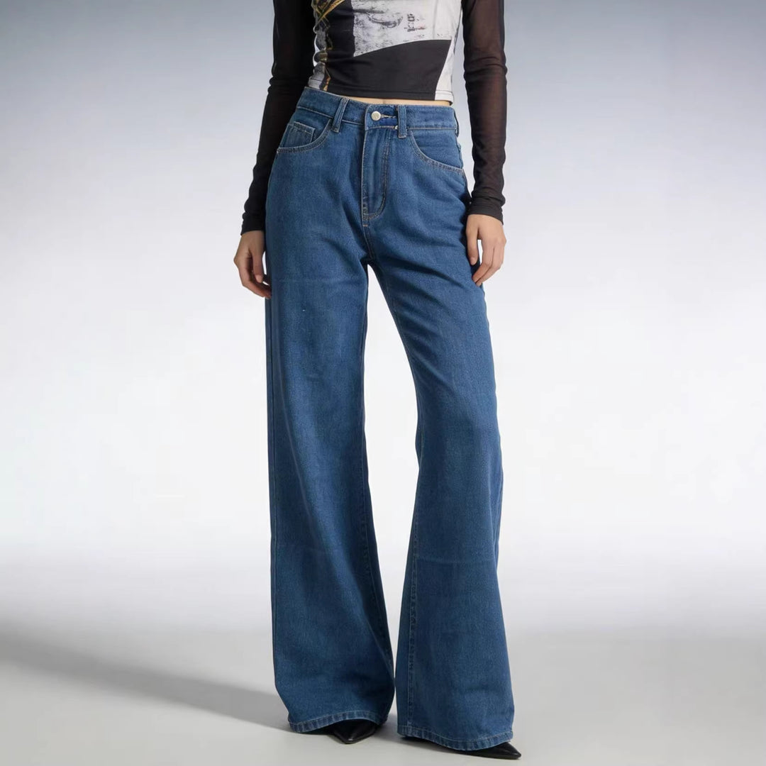 Damen weite Denim-Hose mit Vintage-Waschung und hoch geschnittenem Bund EB