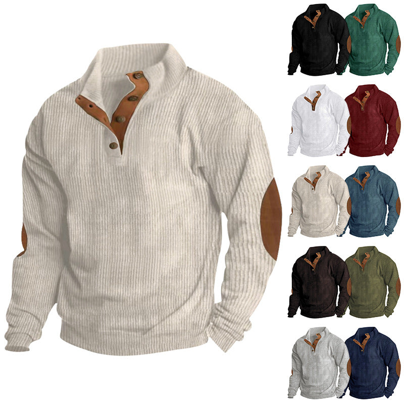 Herren nan gerippter Baumwollmix-Pullover mit Stehkragen, Knopfleiste und Lederoptik-Ellenbogenpatches EB