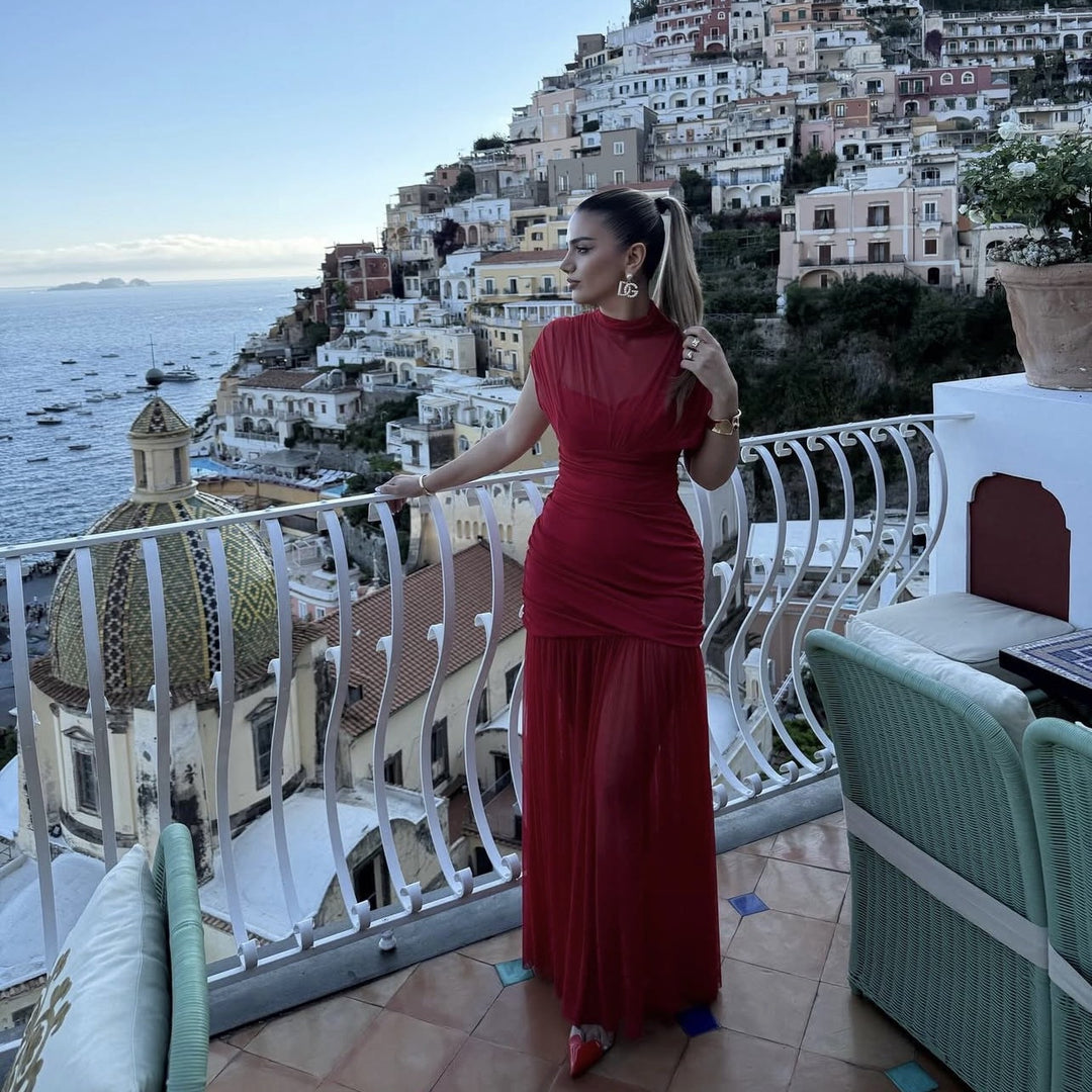 Damen Maxikleid mit modischem Stehkragen und raffiniertem Raffungselement EB