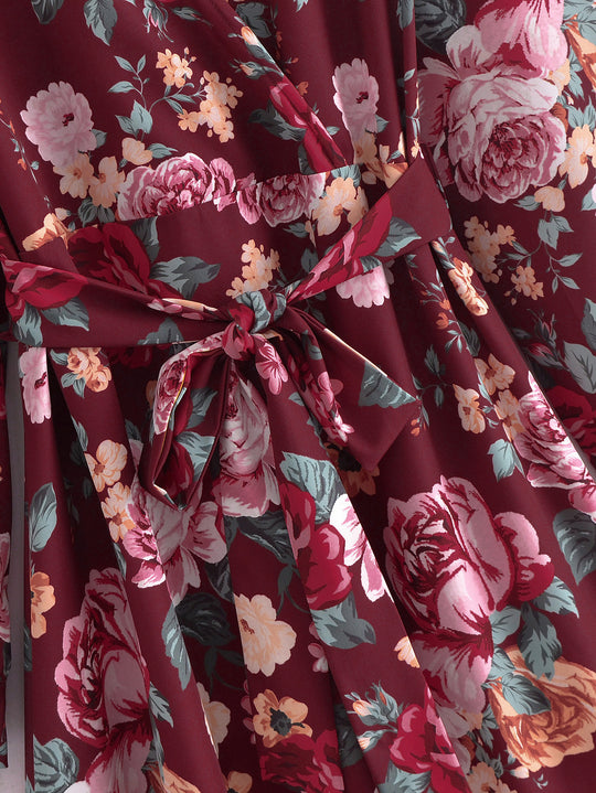 Damen Wickel-Maxikleid mit V-Ausschnitt, Taillengürtel und Stufensaum EB