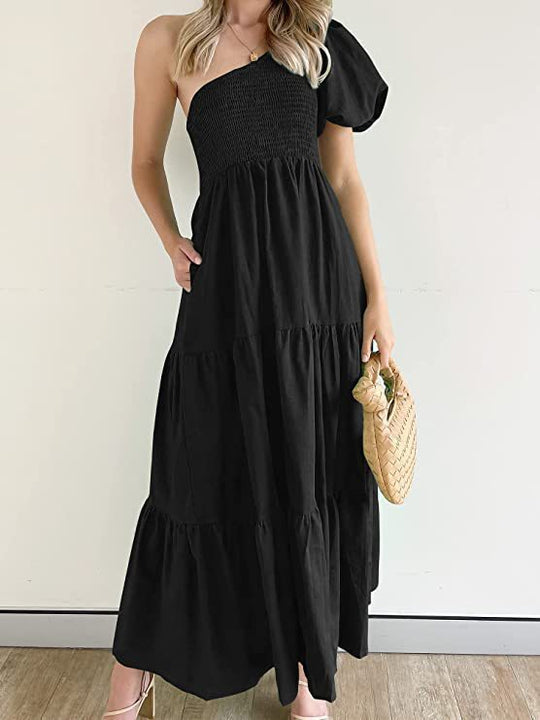Damen Maxikleid mit asymmetrischem Träger und fließendem Schnitt EB