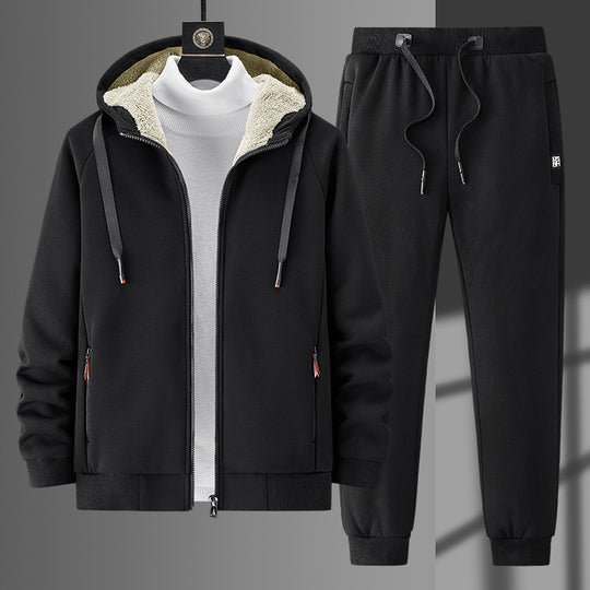 Herren Fleecegefüttertes Zip-Hoodie und Jogginghose Set mit Teddyfutter EB