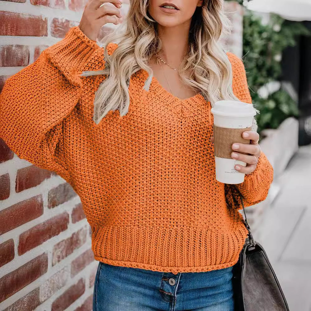 Damen lässiger V-Ausschnitt Pullover mit lockerem Schnitt und strukturiertem Strick EB
