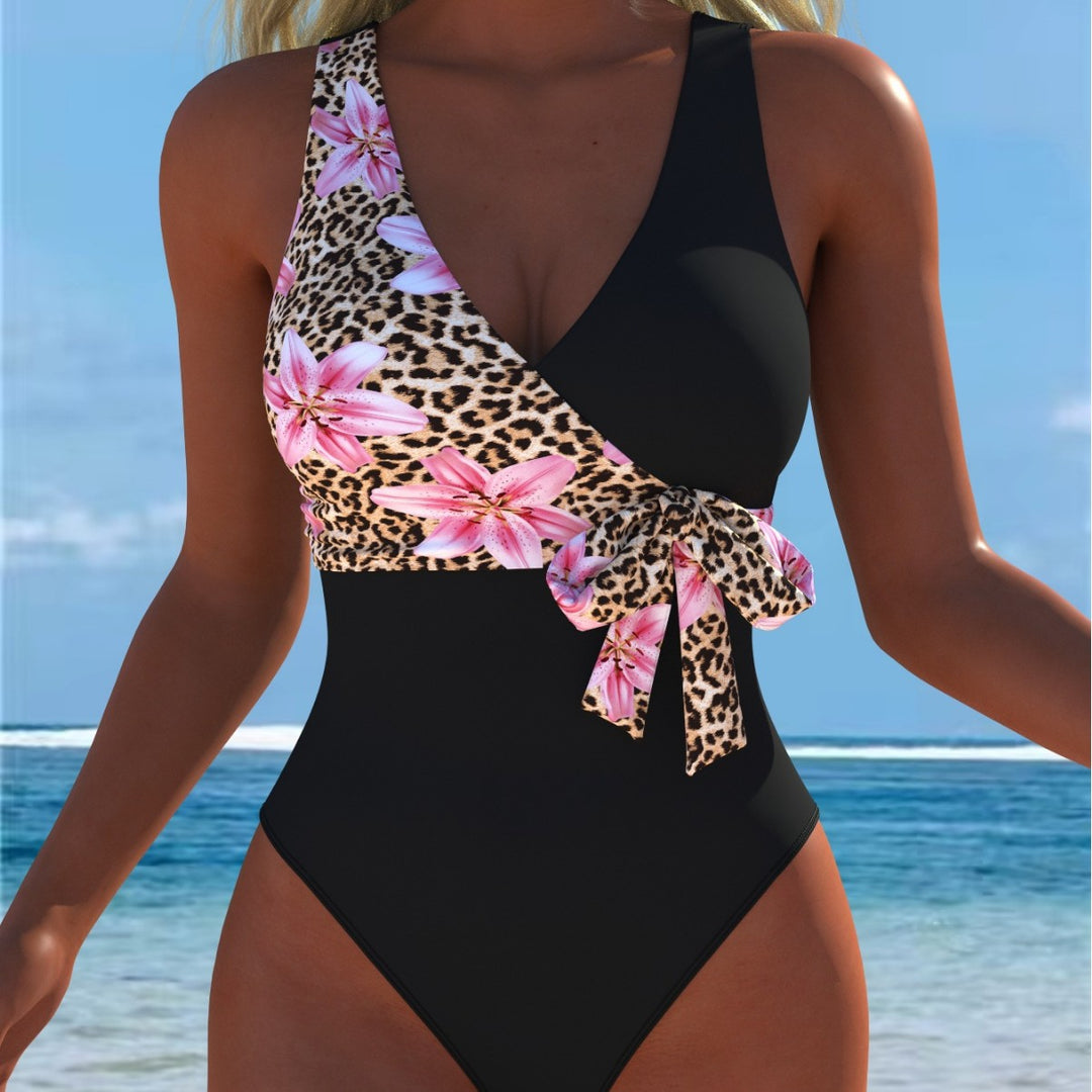 Damen Einteiliger Badeanzug mit floralem Wickeldesign und trendigem Leopardenmuster EB