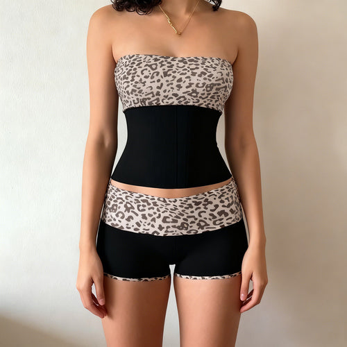 Damen Bandeau-Bikini-Set mit modischem Leopardenmuster und bequemen Shorts EB