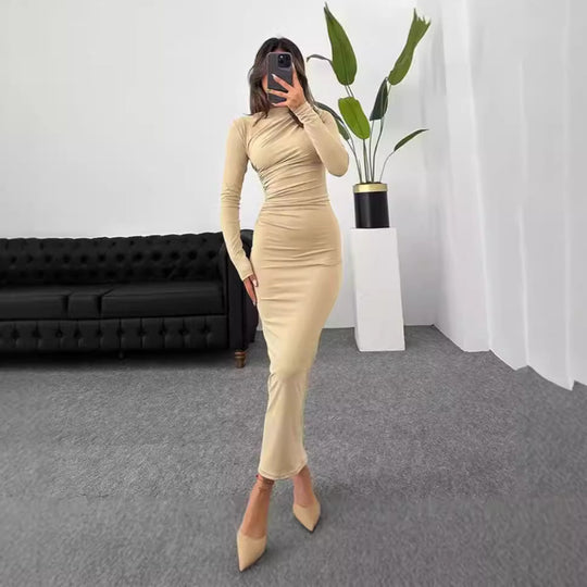 Damen nan gerafftes Maxikleid mit asymmetrischem Ausschnitt und taillierter Silhouette EB