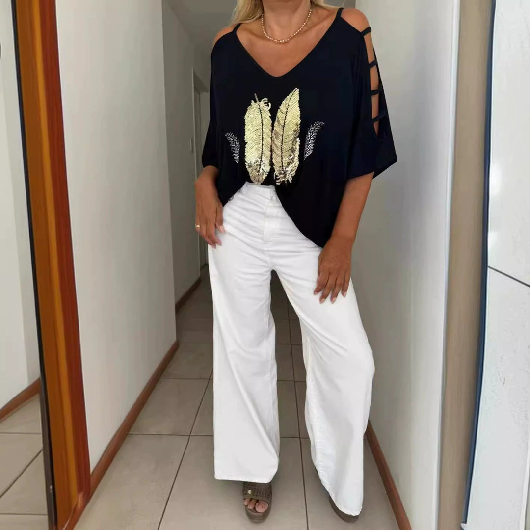 Damen Oversized T-Shirt mit kreativen Cut-Outs und auffälligem Druck Heidi-Mode