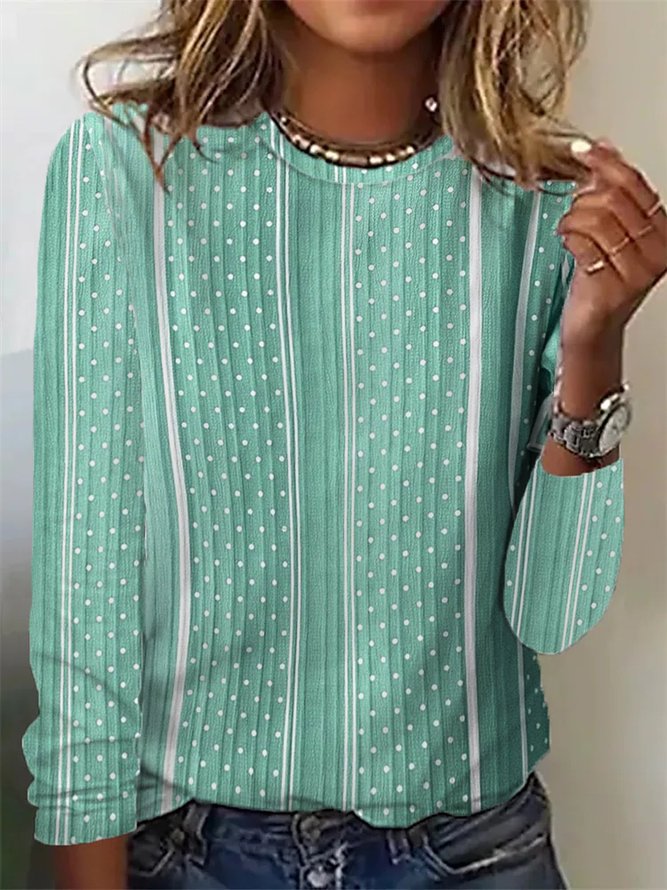Damen lässiges Langarmshirt mit stylischem Punktmuster und vertikalen Streifen EB