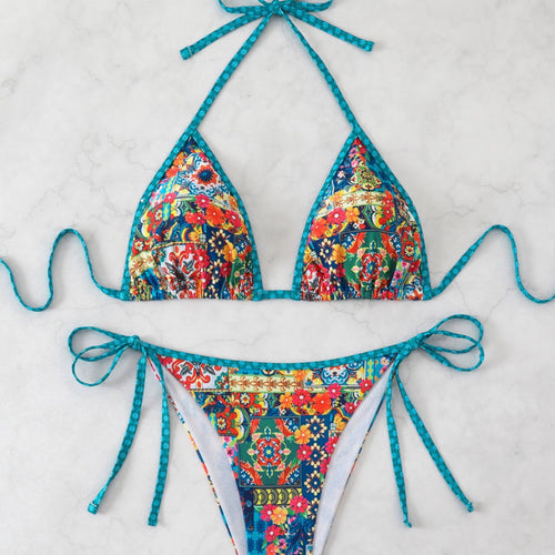 Damen Triangel-Bikini mit bunten Zierstichen und verstellbaren Bindebändern EB