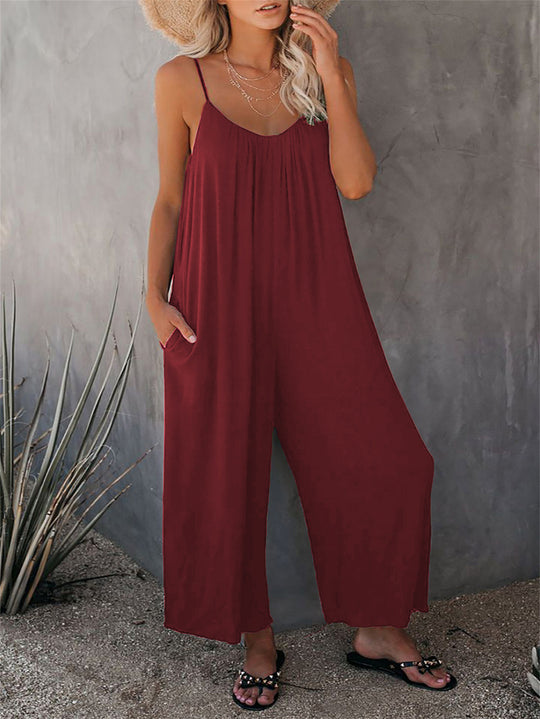 Damen Lässiger Sommer-Jumpsuit mit tiefem Ausschnitt und praktischen Taschen EB