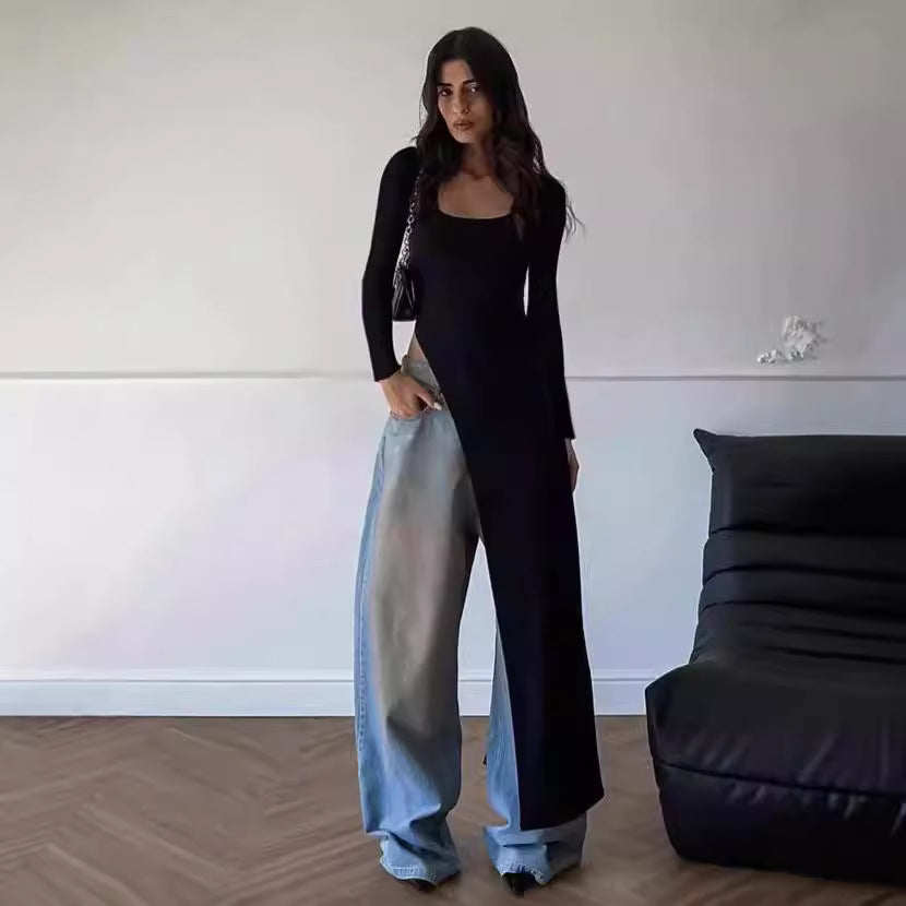 Damen Elegantes langärmliges Kleid mit asymmetrischem Saum EB