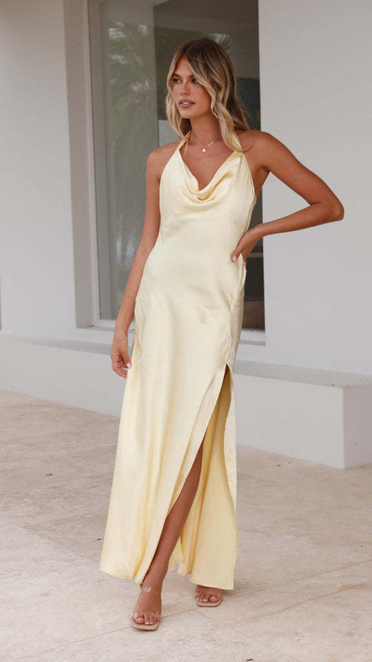 Damen Elegantes Langkleid mit schickem Wasserfall-Ausschnitt und hohem Schlitz EB