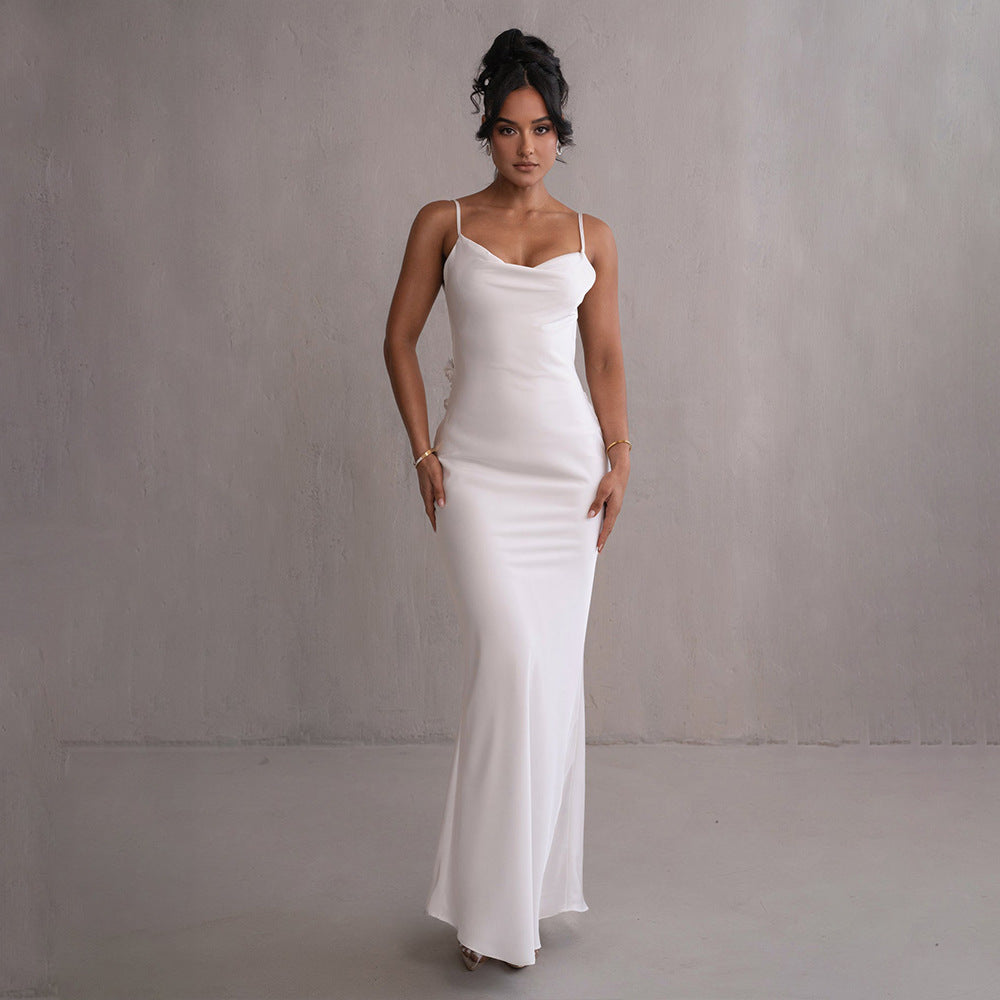 Damen elegantes Maxikleid mit fließendem Schnitt und raffiniertem Dekolleté EB