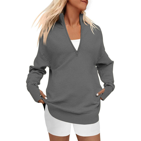 Damen Oversized Pullover mit Stehkragen und Reißverschluss EB