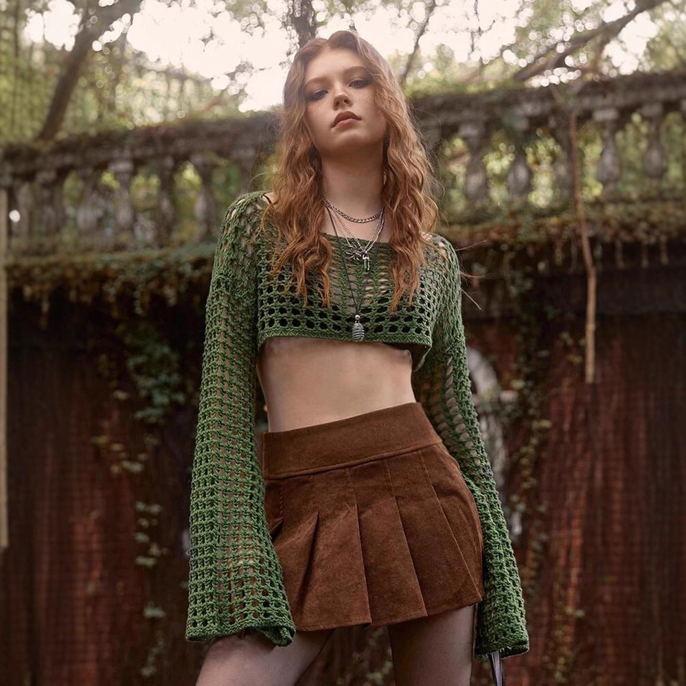 Damen luftiges gehäkeltes Crop-Top mit langen Ärmeln EB