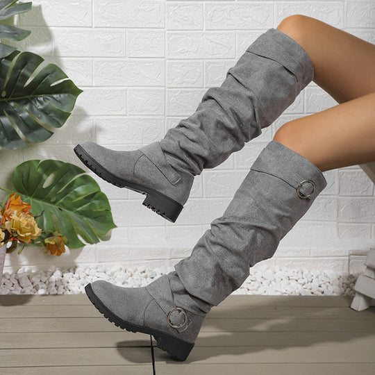 Damen modische Overkneestiefel mit lässigem Falten-Look und robustem Profil EB