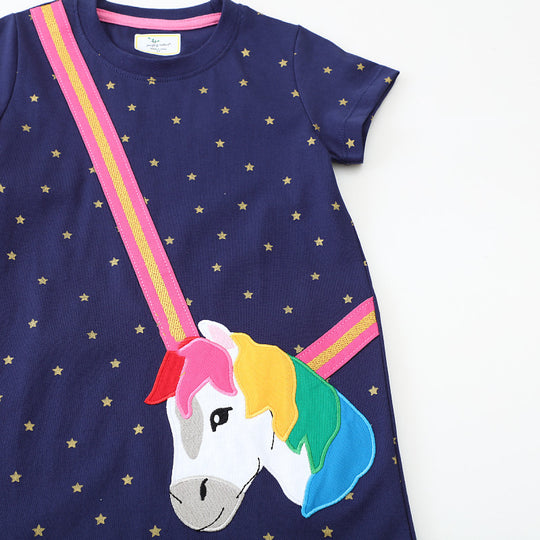 Mädchen Kurzarm Kleid mit bezauberndem Einhorn-Motiv EB