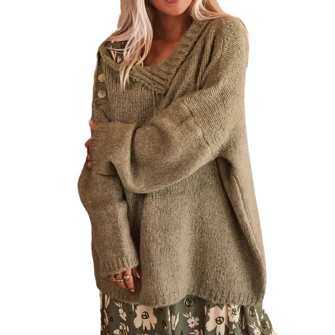 Damen Grobstrickpullover mit hohem Kragen und modischen Knopfdetails EB