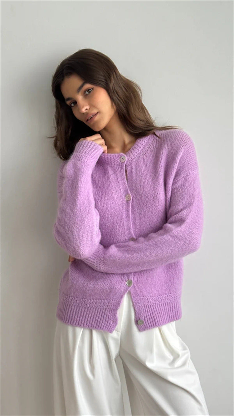 Damen kuschelige Strickjacke mit knöpfbarem Design und voluminösen Ärmeln EB