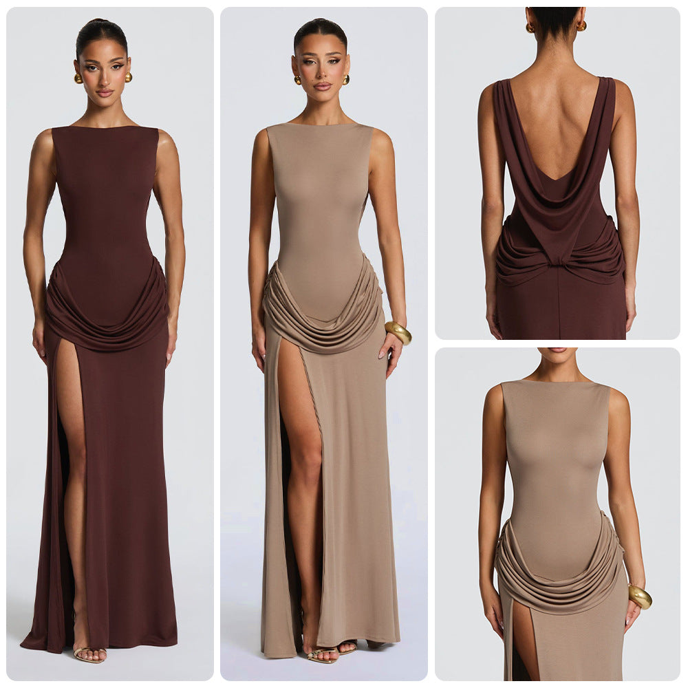 Damen Elegantes Maxikleid mit raffinierter Drapierung und hoch schlitzendem Design EB