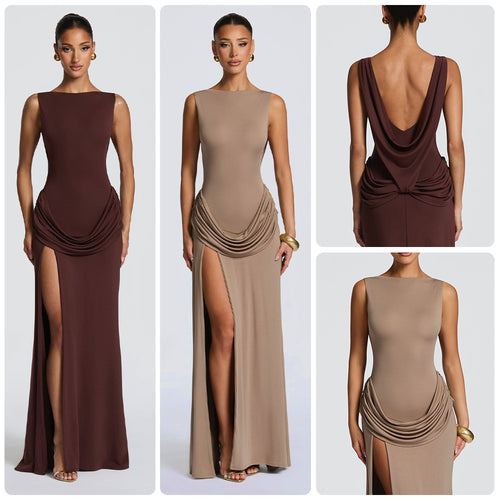Damen Elegantes Maxikleid mit raffinierter Drapierung und hoch schlitzendem Design EB