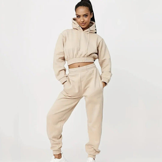 Damen Sportliches Cropped Hoodie und lässige Jogginghose Set EB
