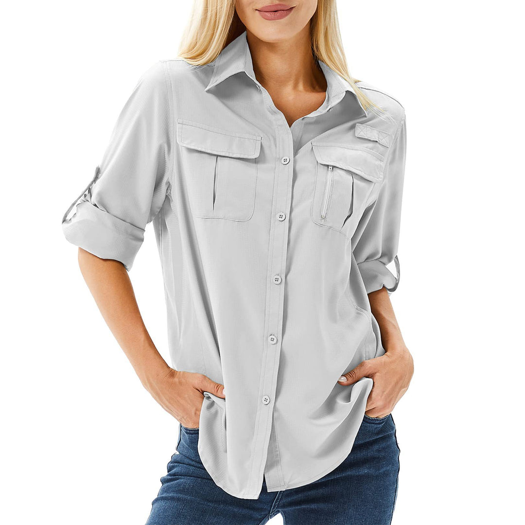 Damen lässige Bluse mit praktischen Taschen und umschlagbaren Ärmeln EB