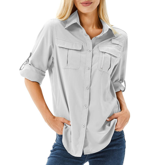 Damen lässige Bluse mit praktischen Taschen und umschlagbaren Ärmeln EB