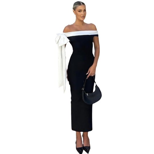 Damen Langarm Abendkleid mit schulterfreiem Design und raffinierten Schleifendetails EB