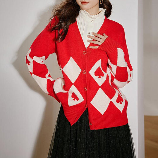 Damen Strickjacke mit Herzknöpfen und Rautenmuster EB