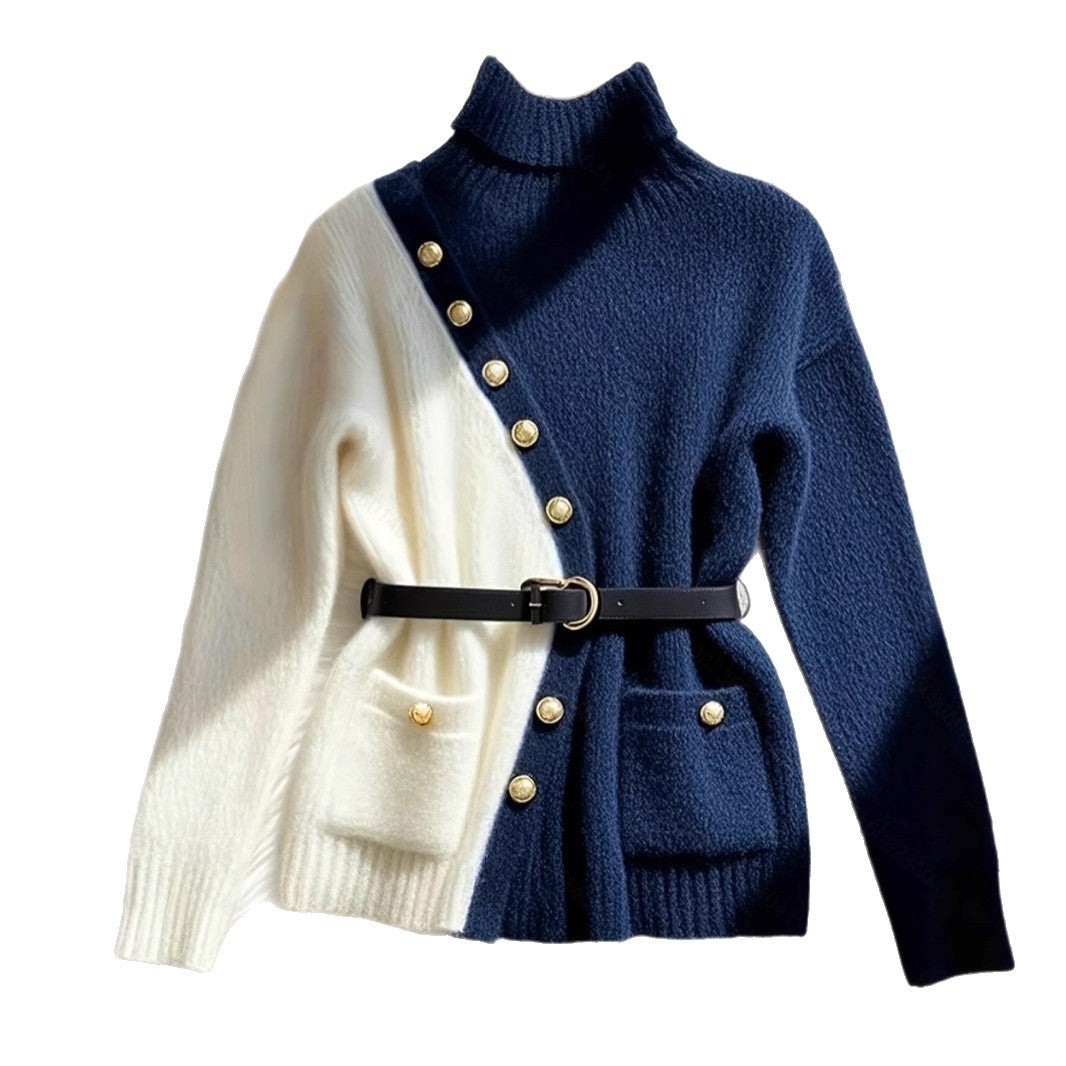 Damen Schicker Pullover mit hohem Kragen und eleganten Knöpfen EB