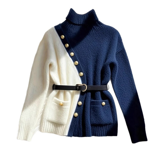 Damen Schicker Pullover mit hohem Kragen und eleganten Knöpfen EB